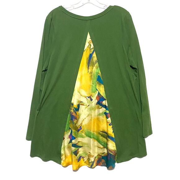 Lori Goldstein LOGO Modal Blend Green Shirt Colorful Sheer Back Panel Womens L - Picture 3 of 7
